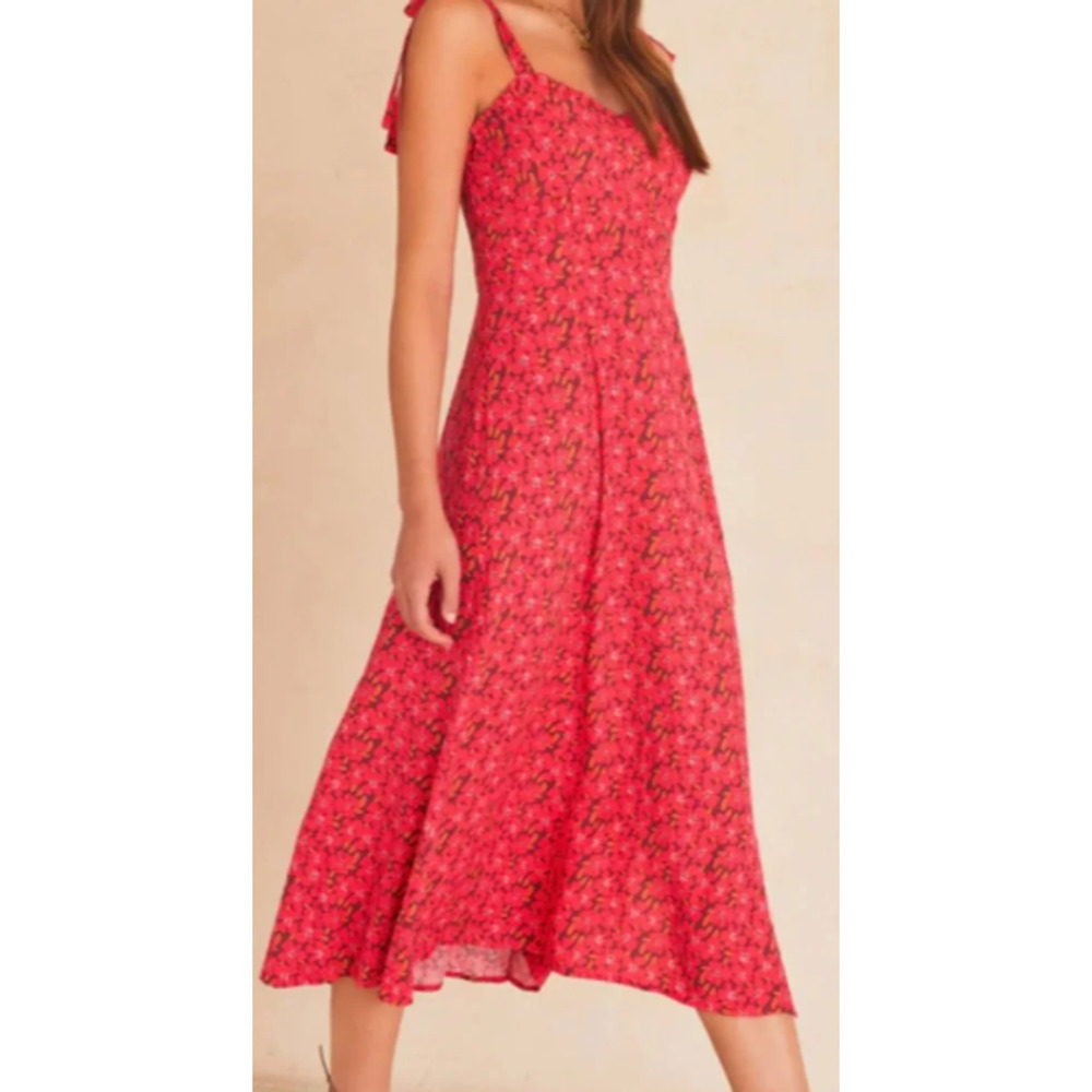 VICI Pink Floral Script Midi Dress Tie Shoulder Straps Sweetheart Neckline S 2-6 - Picture 3 of 7